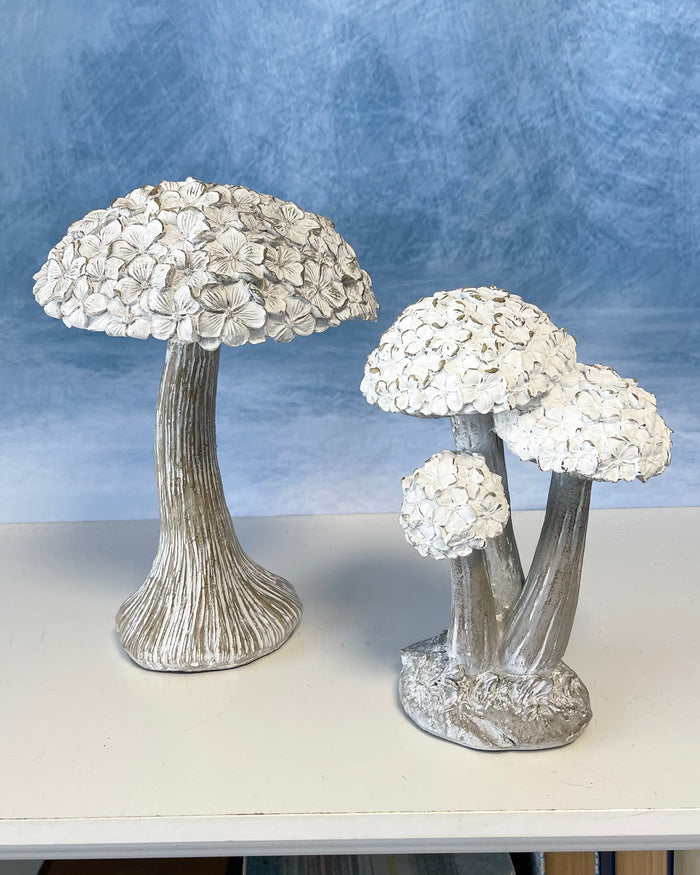 Whitewashed Resin Floral Top Mushroom -2 Sizes